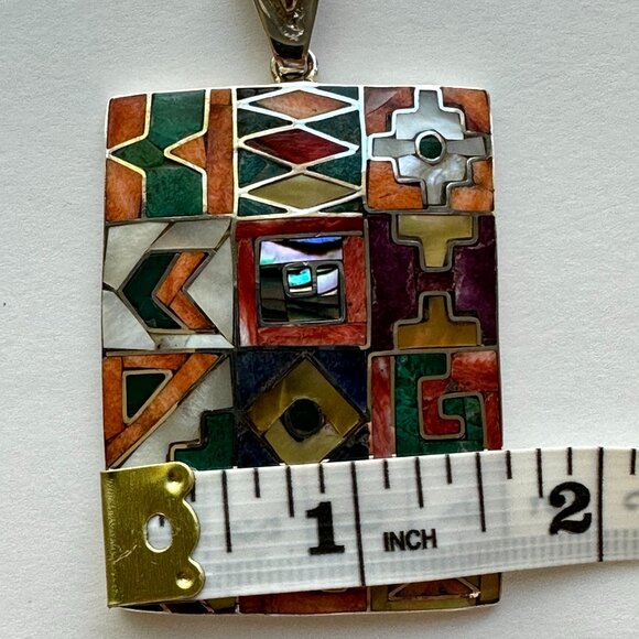Peruvian 950 Sterling Silver Pendant | Rectangular Mosaic Inlay | Natural Stones - Picture 12 of 15